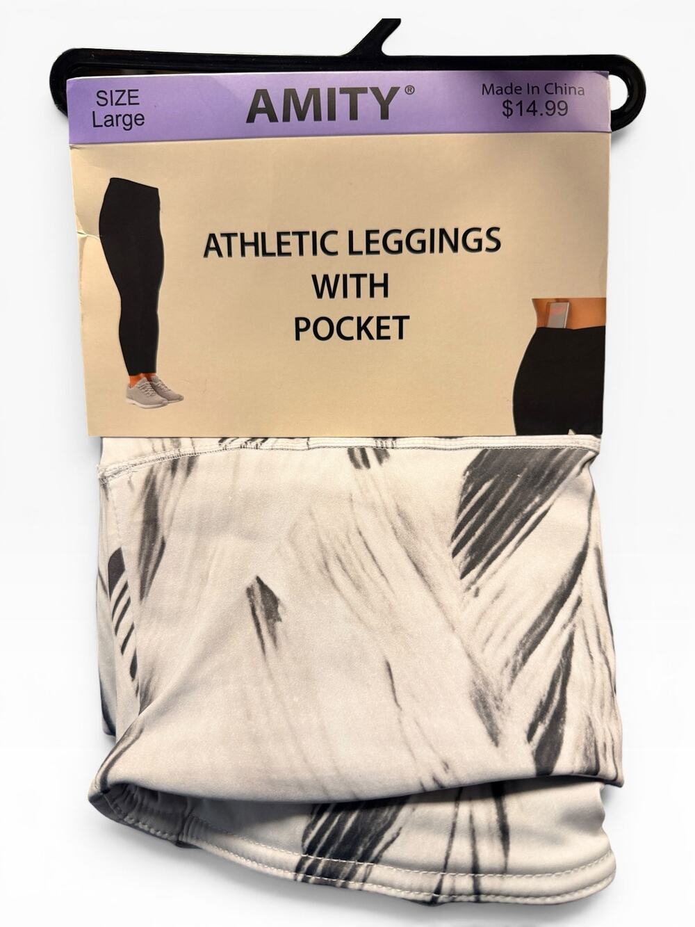 Amity Womens L Black White Tie Dye Pocket Stretch Athletic Leggings NWT